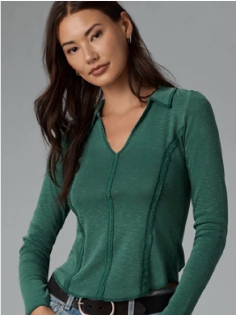 Pilcro Green Long-Sleeve V-Neck Polo